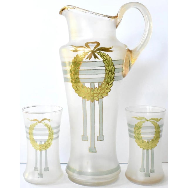 Antique Hand-Painted Neoclassical Wreath Pitcher and Glasses - Set of 3 For Sale - Image 9 of 9