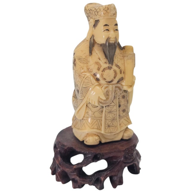 Pair Chinese Scholar and Deity Figures on Carved Hardwood Stands 3.25" For Sale In San Francisco - Image 6 of 10