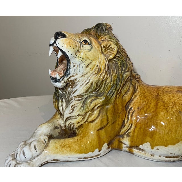 Ceramic Large Antique Handmade Terracotta Pottery Italian Lion Majolica Sculpture Statue For Sale - Image 7 of 16