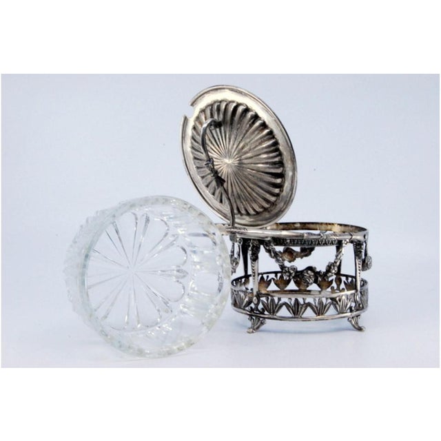 Silver Sugar Bowl with Bows, Masks, Hinged Lid and Cut Glass Interior with Spoon, Set of 2 For Sale - Image 9 of 10