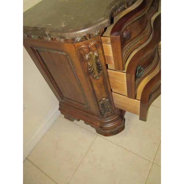 Italian 1980s Nightstand 3 Drawer Marble Top Carved Wood Dark Tone Italian Style For Sale - Image 3 of 9