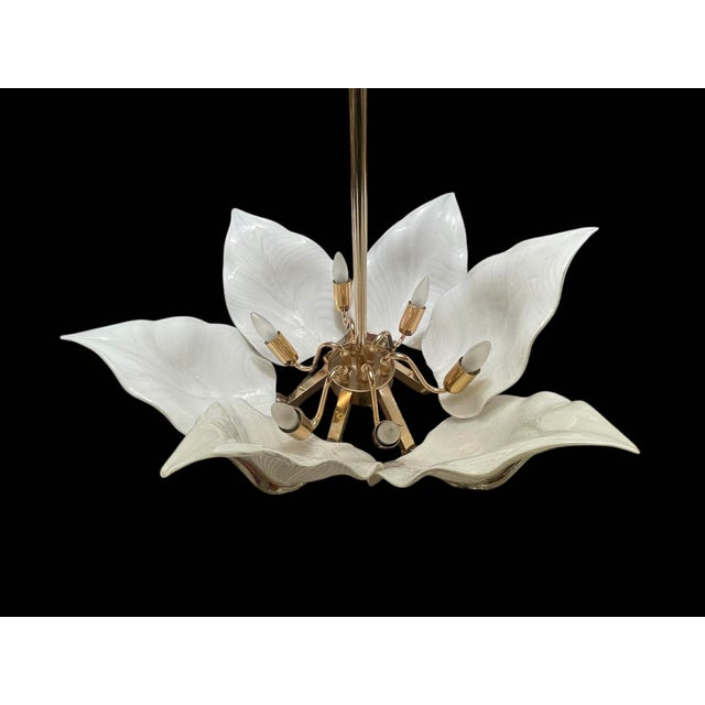 White Six Leaf Handblown Murano Glass Chandelier by Franco Luce 1970's For Sale - Image 8 of 11