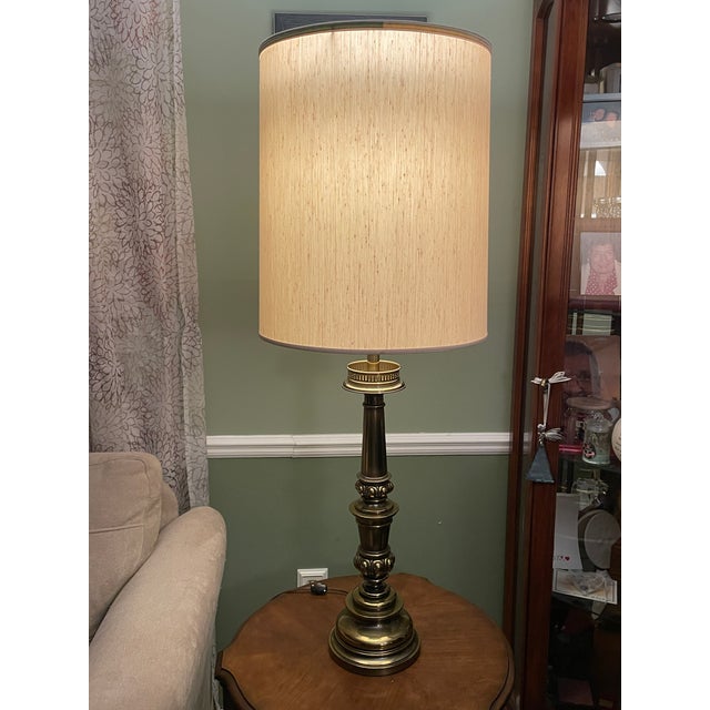 Vintage MCM Stiffel Brass Torchiere Lamps With Diffuser Shades 38" - a Pair For Sale - Image 10 of 11