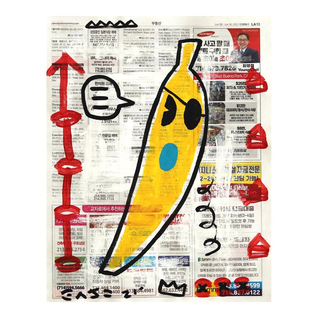 Banana Chats - Original Pop Street Art Acrylic Painting on Newspaper by Gary John For Sale