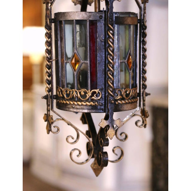 French 19th Century French Napoleon III Round Iron Lantern With Stained Glass Panels For Sale - Image 3 of 5