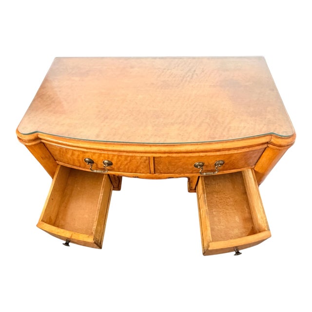 Vintage 1930s Queen Anne Style Burl Wood Writing Desk With Beveled Glass Top For Sale - Image 10 of 17