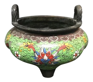 Chinese Art Cloissone and Bronze Incense Burner With Floral Design