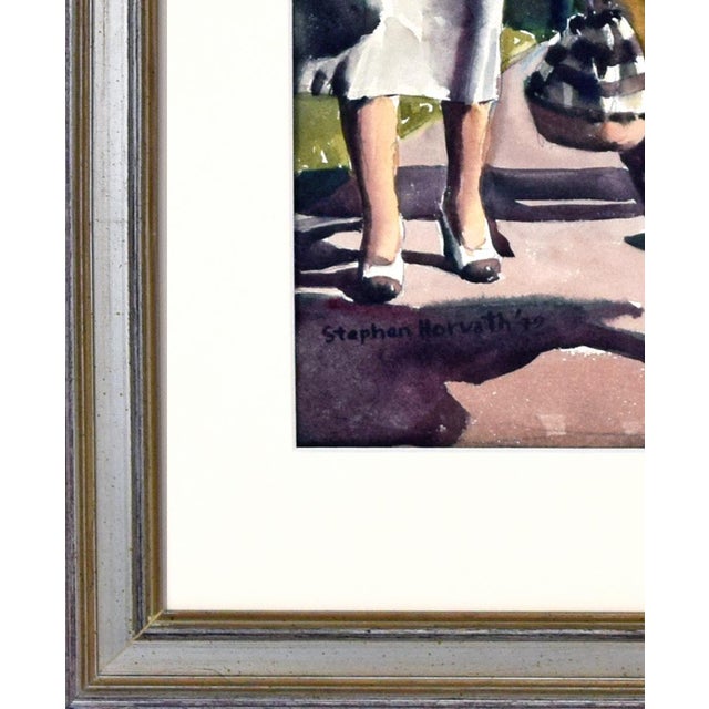 Paint Large Watercolor Painting of People Walking in Park by Stephen Horvath 1949 For Sale - Image 7 of 7