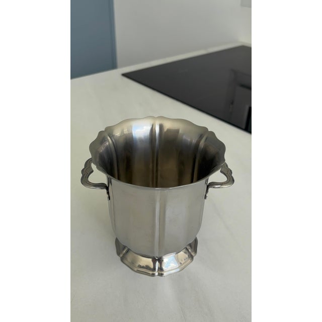 Vintage Stainless Steel Ice Bucket with Ice Cube Tray and Silver Metal Handles by Guy Degrenne, 1970s For Sale - Image 3 of 8