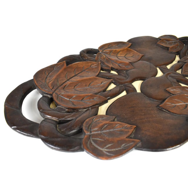Hand Carved Solid Wood Leaves Fruit Design Tray Centerpiece For Sale - Image 6 of 12