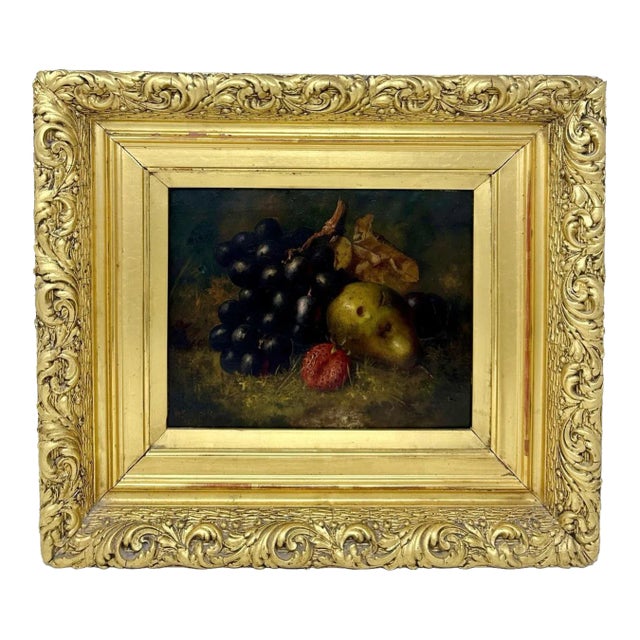 Antique Still Life Fruits Oil on Canvas English Oil Painting Giltwood Frame For Sale