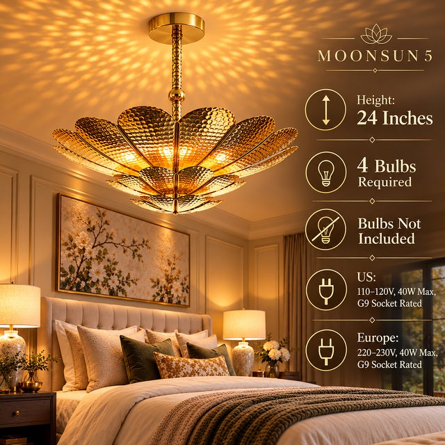Handmade Brass Flower Ceiling Light, 3 Tier Hammered Floral Chandelier, Art Deco Lotus Semi Flush Mount, Luxury Brass Ceiling Fixture 28 Inches For Sale - Image 15 of 15