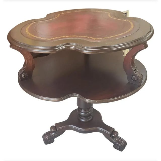 Stunning, Refinished English Regency Two-Tier Maroon Leather Top Insert Side Tables. Pedestal Tripod legs terminating with...