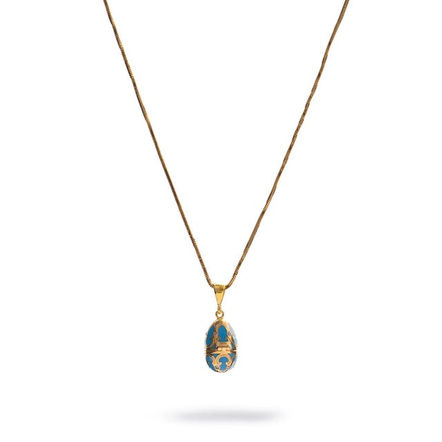 Lucky Clover Turquoise Enamel Egg Gold Necklace For Sale - Image 9 of 10