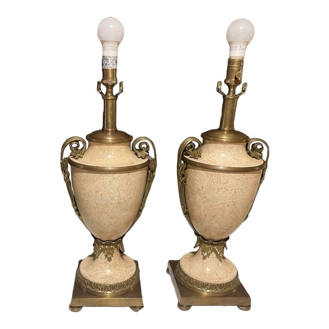 Vintage Decorative Crafts Brass and Faux Marble Lamps - a Pair For Sale