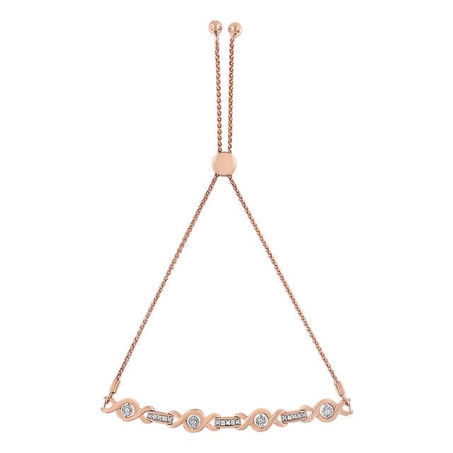 14K Rose Gold Plated .925 Sterling Silver Channel Set Diamond Accent Twist 4”-10” Adjustable Bolo Bracelet (I-J Color, I3 Clarity) For Sale
