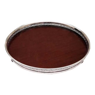 Mid-Century Crescent Formica Footed Wood Grain Tray With Silverplate Rim For Sale