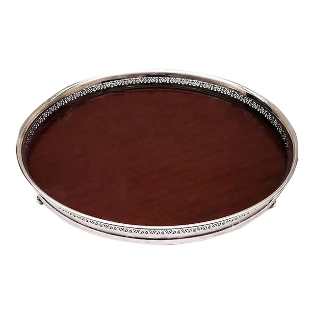 Mid-Century Crescent Formica Footed Wood Grain Tray With Silverplate Rim For Sale