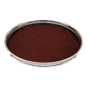 Mid-Century Crescent Formica Footed Wood Grain Tray With Silverplate Rim