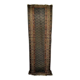 Vintage Persian Kurdish Runner Rug, Hand-Knotted Wool, All-Over Paisley Pattern, Blue & Green, 3x15 For Sale