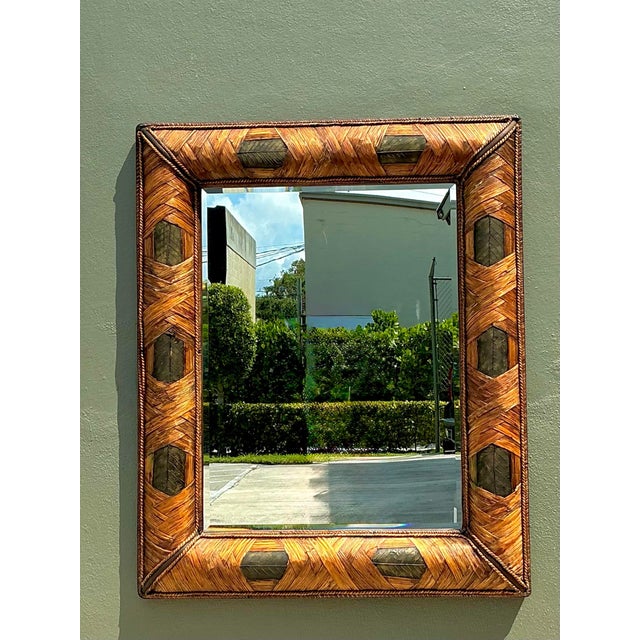 Vintage Wrapped Rattan Brass Leaf Mirror For Sale - Image 9 of 12