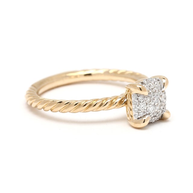 Stones: diamond round brilliant cut .15 ctw Ring Size: 5 Rise Off Of Finger: 7 mm Width: 6.9 mm (2 mm cable) Weight: 2.3...