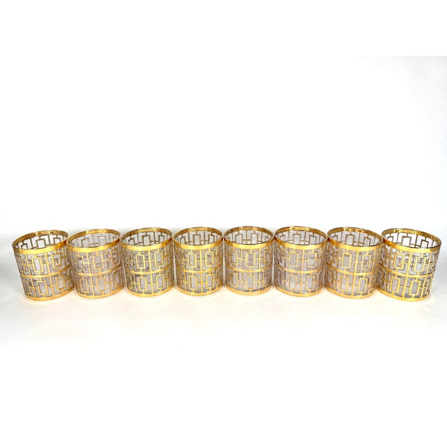 Set of eight vintage Imperial Glass Co. glass tumblers in the iconic Shoji Trellis design. Each glass is adorned with a...