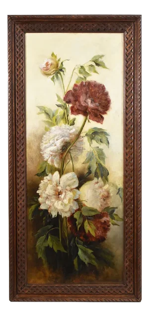 Lennox, Still Life with Vase of Peonies, Oil on Wood, 19th Century, Framed