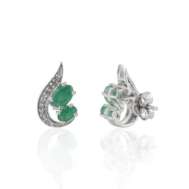 Petite Emerald and Diamond Curved Stud Earrings in Sterling Silver - A Pair For Sale - Image 4 of 11
