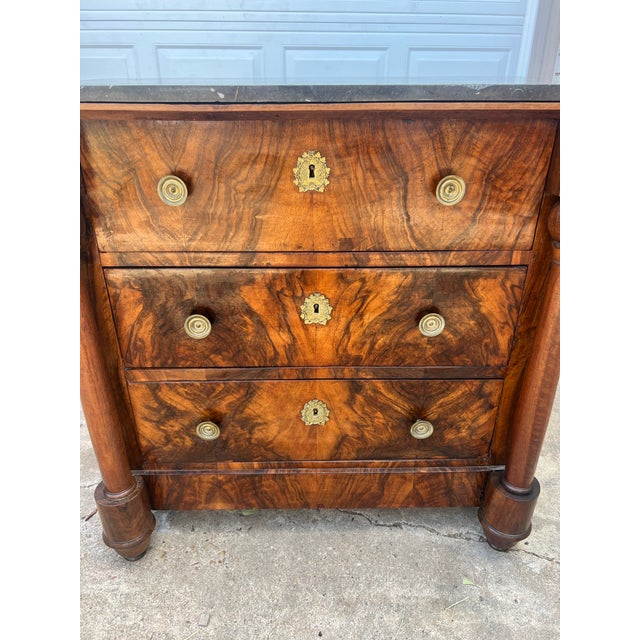 French 19th Century Empire Burl Walnut Marble Top Chest of Drawers For Sale - Image 6 of 12