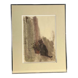 1984 Vintage Hand-Colored Cat Intaglio Print in Nielsen Chrome Frame (Calling All Cat Lovers!) For Sale