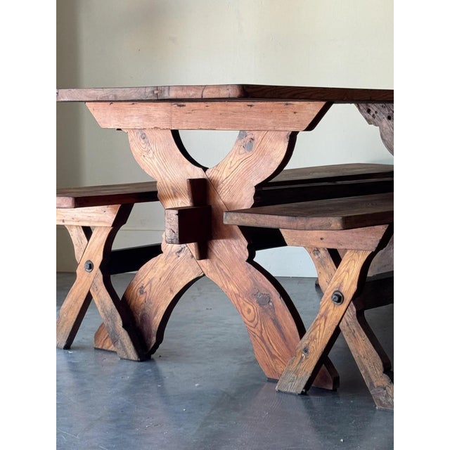 Spanish 1960s Spanish Pine Wedge Joint Dining Set Table and Bench For Sale - Image 3 of 7