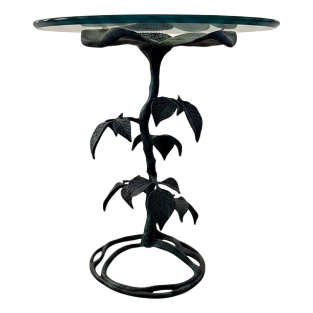 Walker-Marlen Mid Century Metal Dogwood Leaf Side Table Round Glass Top Vintage For Sale