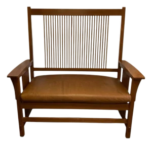 1990s Stickley Mission/Craftsman/Arts & Crafts Style Oak Settee With Tan Leather Cushion.