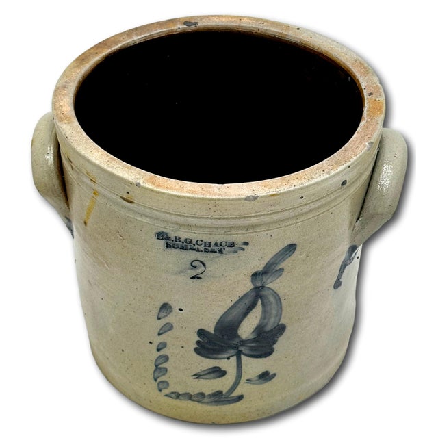 Ceramic Nice Antique 1850s 2 Gallon American Blue Hand Decorated Stoneware Crock by L & B G Chace in Somerset Mass. For Sale - Image 7 of 12