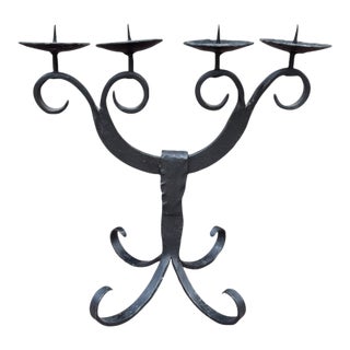 Mid-Century German Brutalist Hand- Forged Wrought Iron 4-Arm Candelabra For Sale