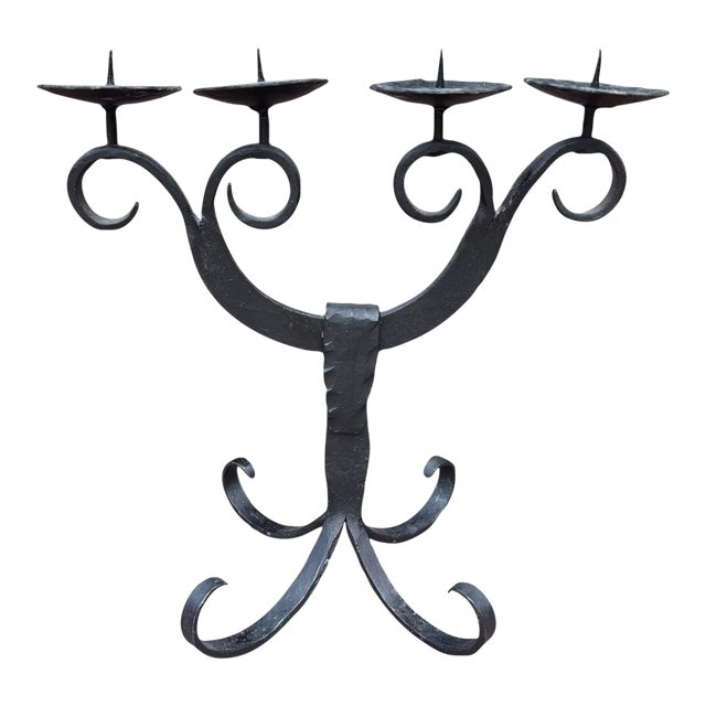 Mid-Century German Brutalist Hand- Forged Wrought Iron 4-Arm Candelabra For Sale