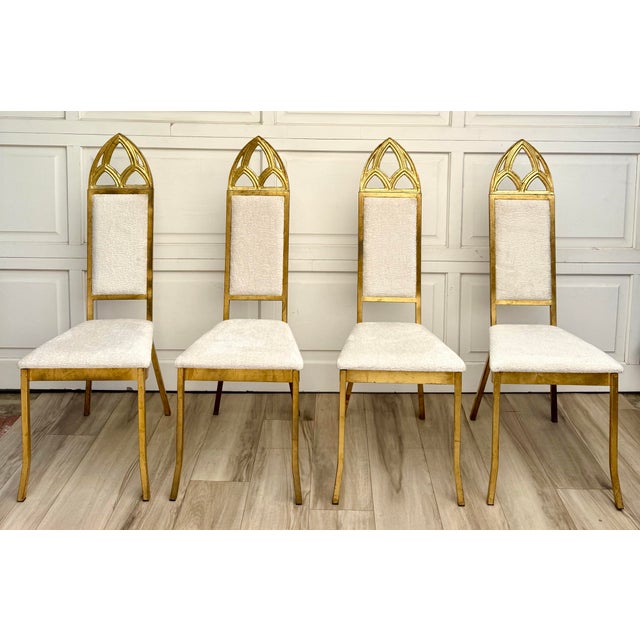 This beautiful set of six vintage dining chairs blends the architectural elegance of Gothic Revival design with the...