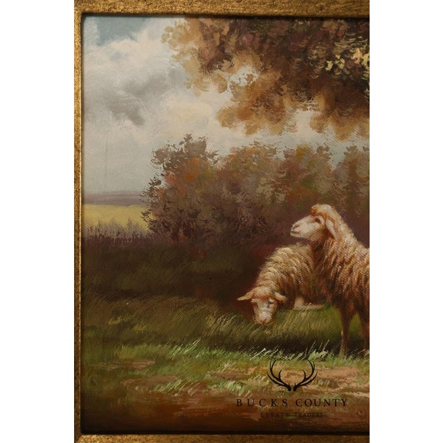 Continental Style Pair of Pastoral Landscape Paintings With Sheep For Sale - Image 13 of 18