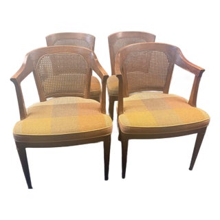Set of 4 Vintage Henredon Cane Back Dining Chairs – 2 Armchairs & 2 Side Chairs With New Upholstery For Sale