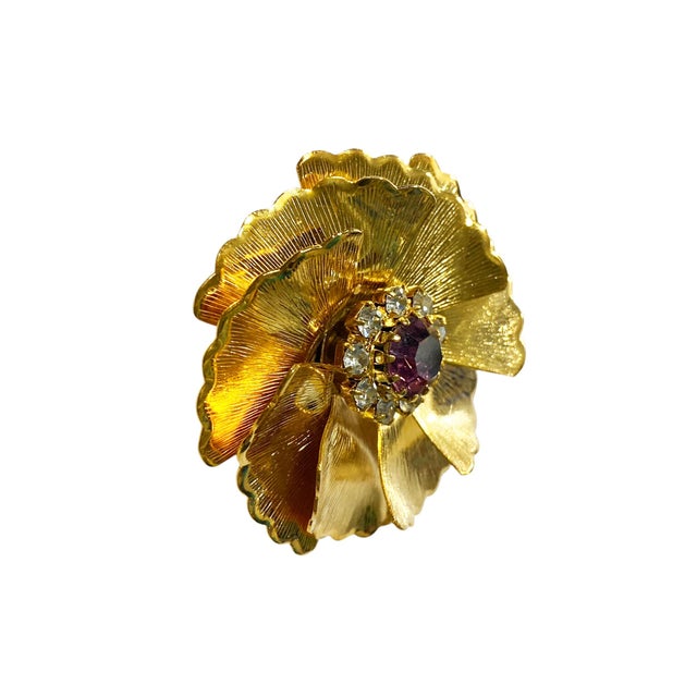 Mid-Century Modern Vintage Elegant Gold Tone With Faux Ruby and Diamond Pin /Brooch For Sale - Image 3 of 7