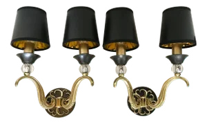 1950s Maison Jansen Gold Metal with Black Shades Sconces - A Pair