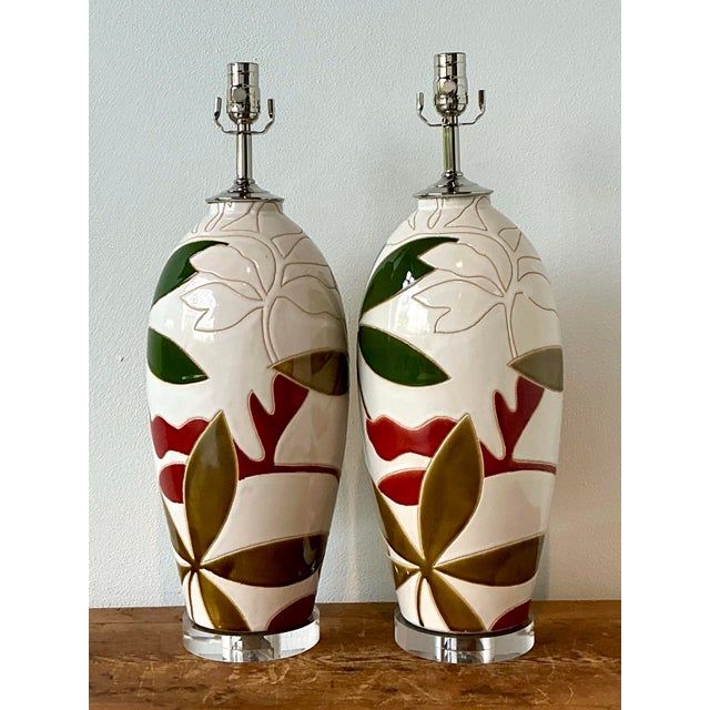 Vintage Boho Etched Glazed Ceramic Lamps - A Pair For Sale - Image 11 of 12