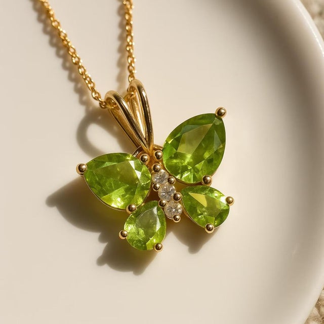 Peridot Butterfly Pendant with Cz Diamond Accents in Gold Delicate yet radiant, this pendant features a graceful butterfly...