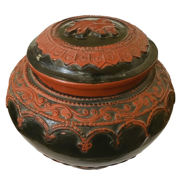 Antique Burmese Lacquer Lidded Jar, Elephant, Red & Black, 5 1/2” X 4 1/2” T For Sale - Image 12 of 12