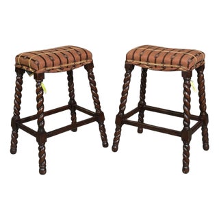 Late 20th Century Pair of Vanguard Furniture Barley-Twist Upholstered Counter Stools For Sale
