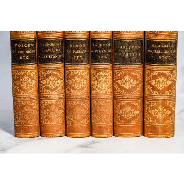 Stunning 6 Volume Ornate Victorian Antique Leather Spine Books Works of Henry Wadsworth Longfellow Home Office Shelf Decor For Sale - Image 4 of 10