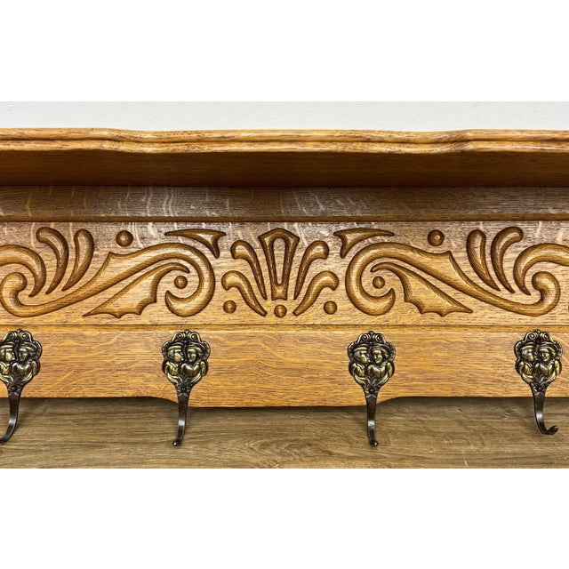 Vintage French Carved Oak Wall Mounted Six Hooks For Sale - Image 9 of 11