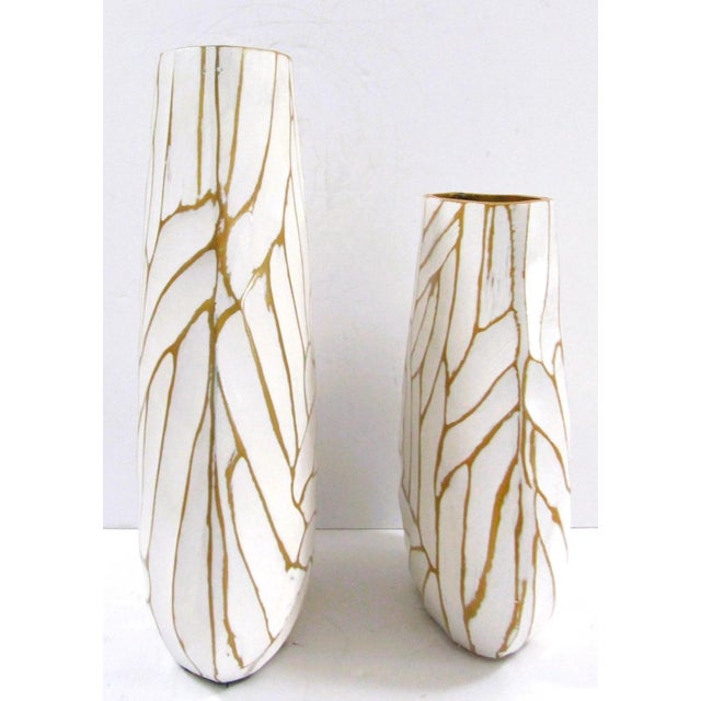 White Pair of Currey & Company Cast Aluminum Anika White With Gold Accent Vases For Sale - Image 8 of 11