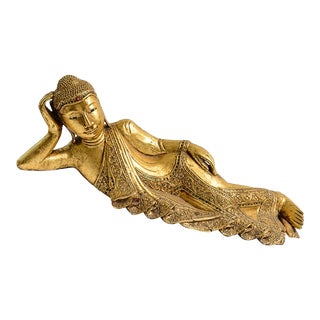 Old Gilt Wood Reclining Buddha From Thailand For Sale